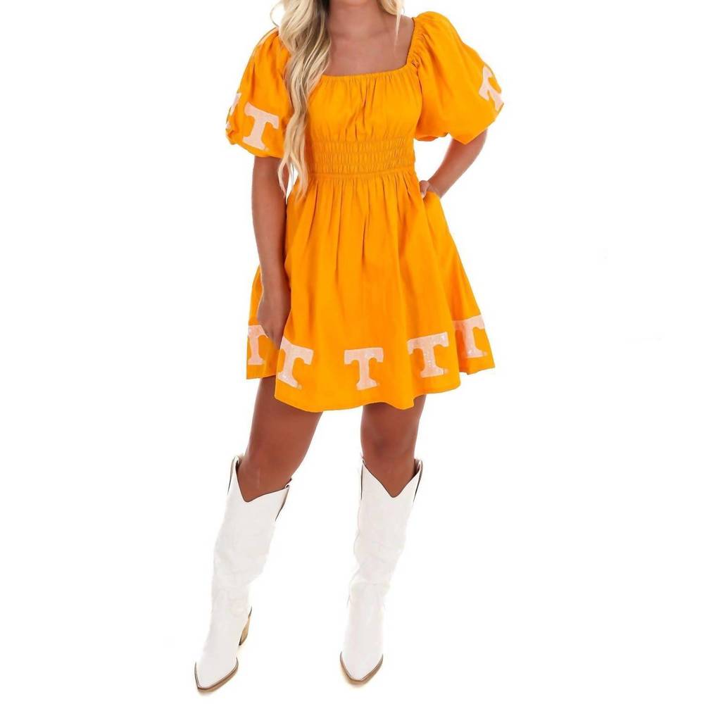 NEW STEWART SIMMONS university of tennessee puff sleeve mini dress in orange - Picture 4 of 10